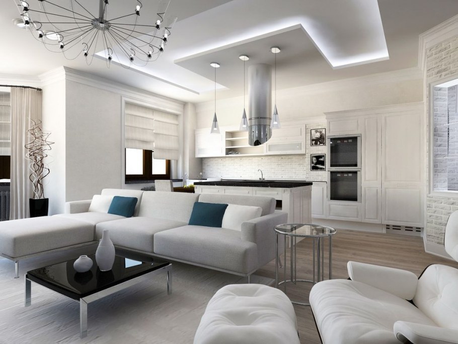 Гостиная в современном стиле в доме с кухней