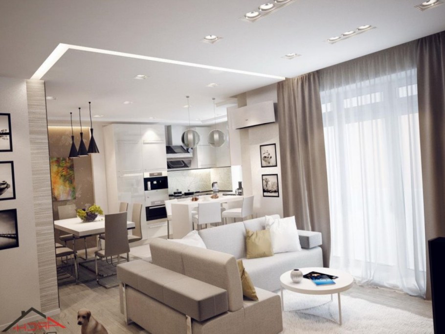 Гостиная совмещенная с кухней в светлых тонах