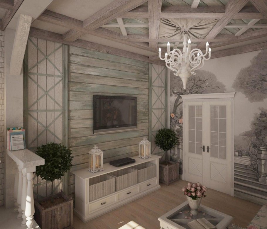 Интерьер кухни в стиле Прованс в доме из клееного бруса