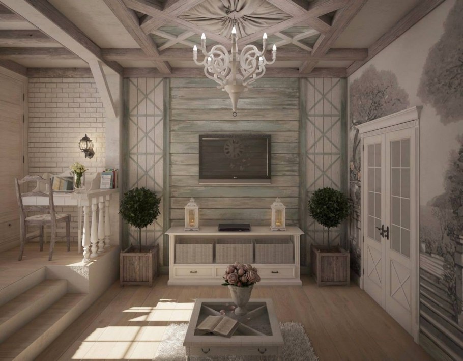 Гостиная Прованс Кантри в бревенчатом доме