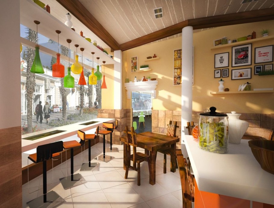 Интерьер маленького кафе быстрого питания