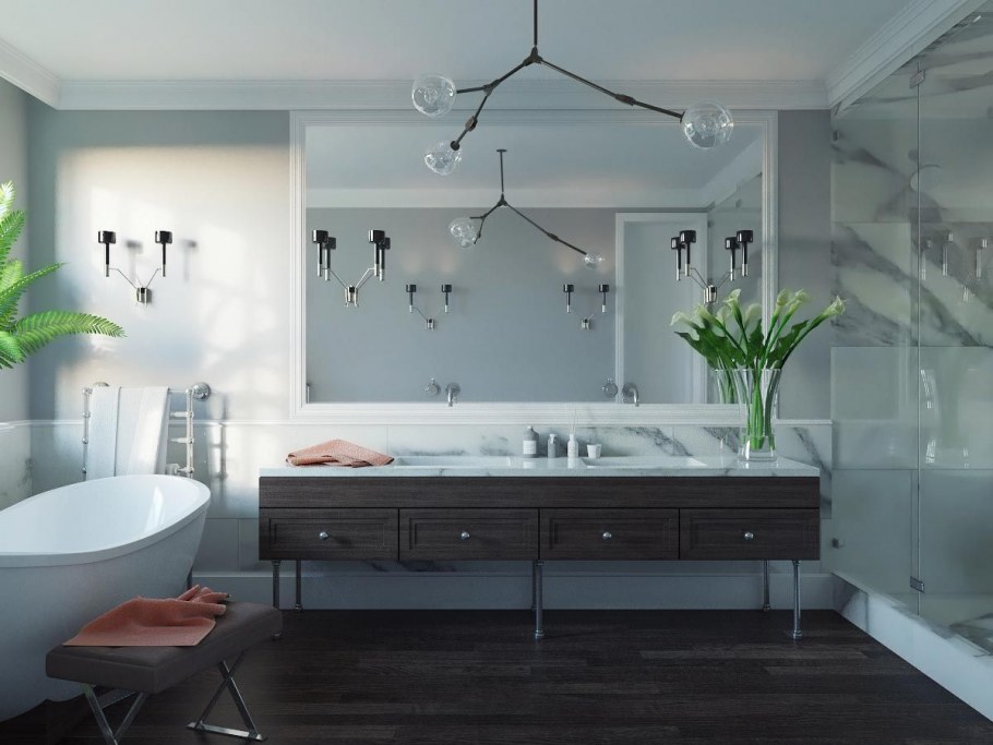 Интерьер ванной с двумя раковинами