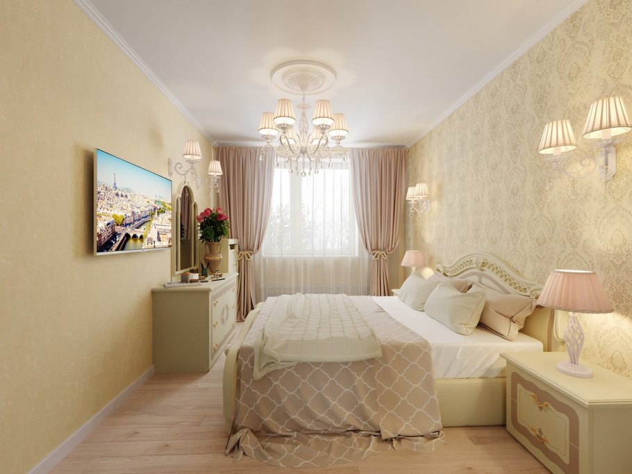 Спальня в светлых теплых тонах