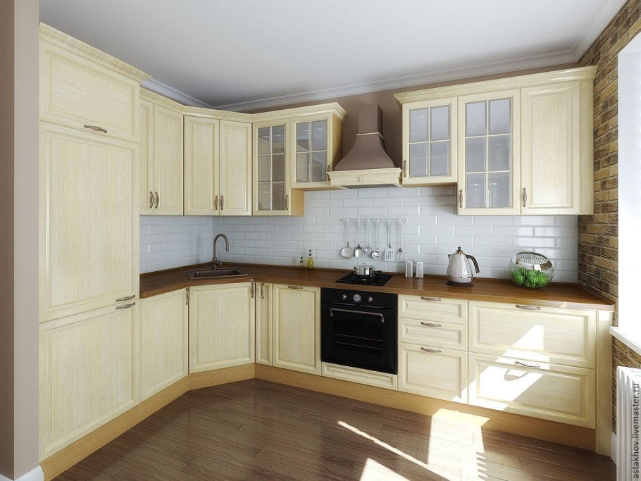 Светлая кухня с деревянной столешницей