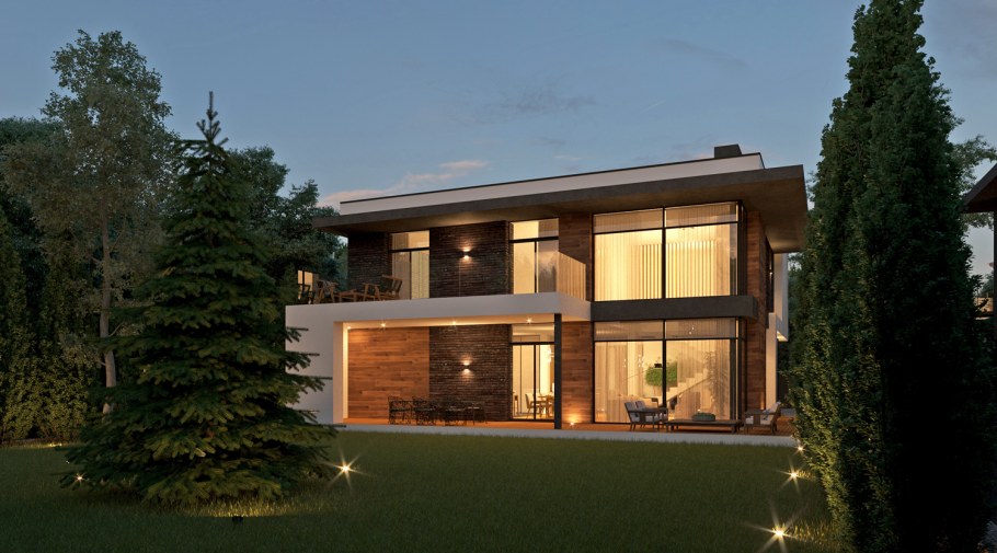 Двухэтажный дом слоской крышей и панарамними окнами