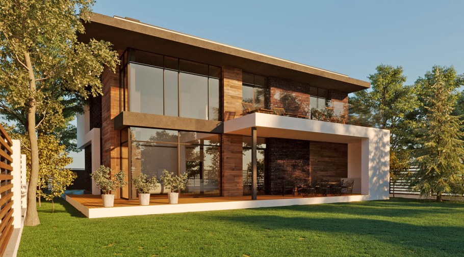 Современный дом с плоской крышей и террасой