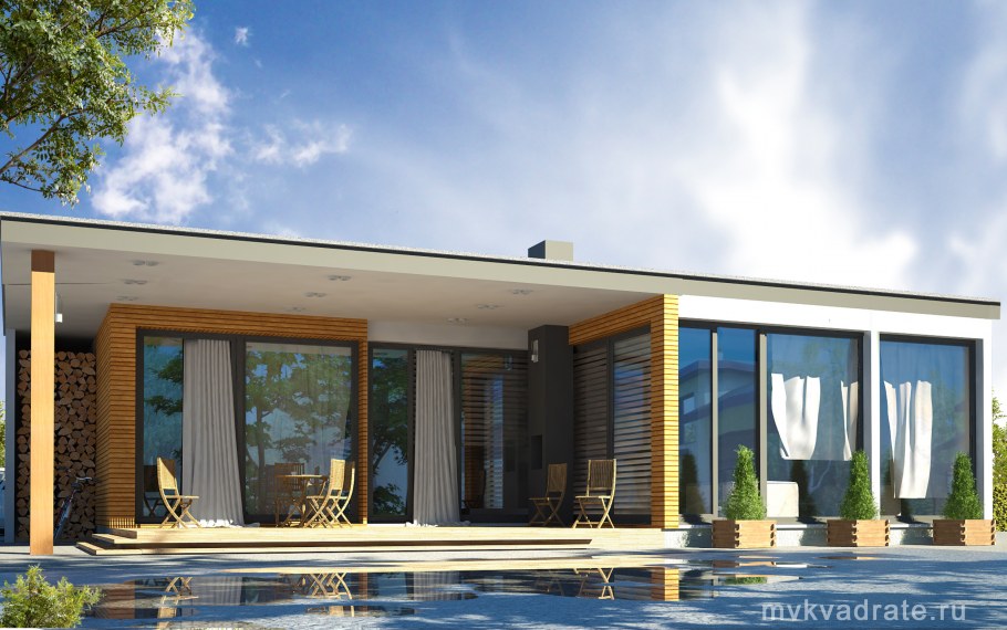 Одноэтажный дом с панорамными окнами и террасой