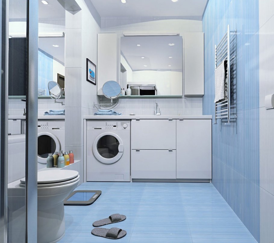 Ванная с душевой кабиной и стиральной машиной