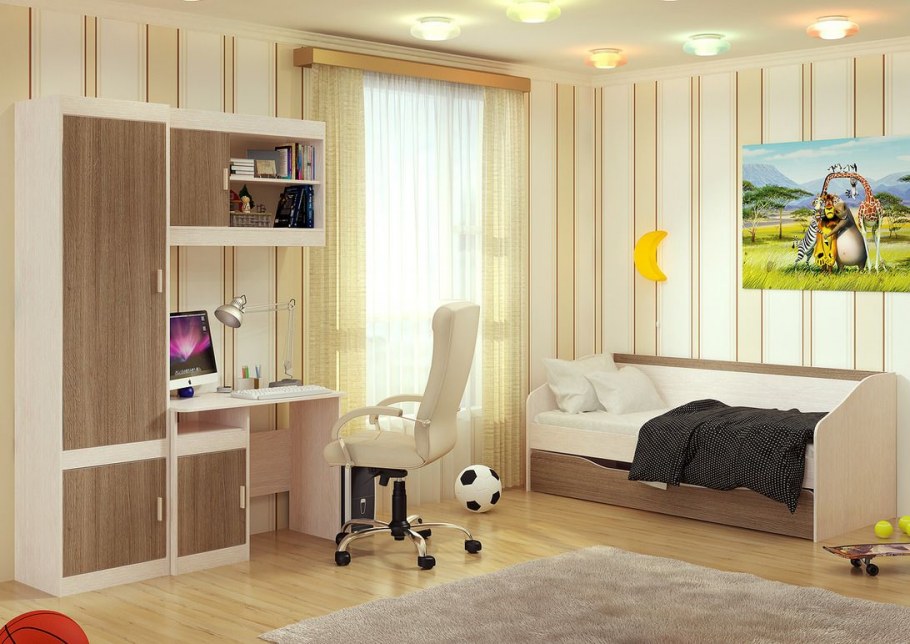 Детские комнаты с двухэтажной кроватью и диваном