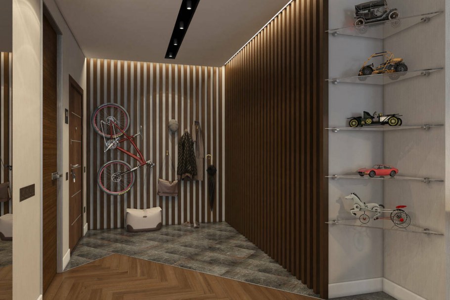 Прихожая с деревянными рейками