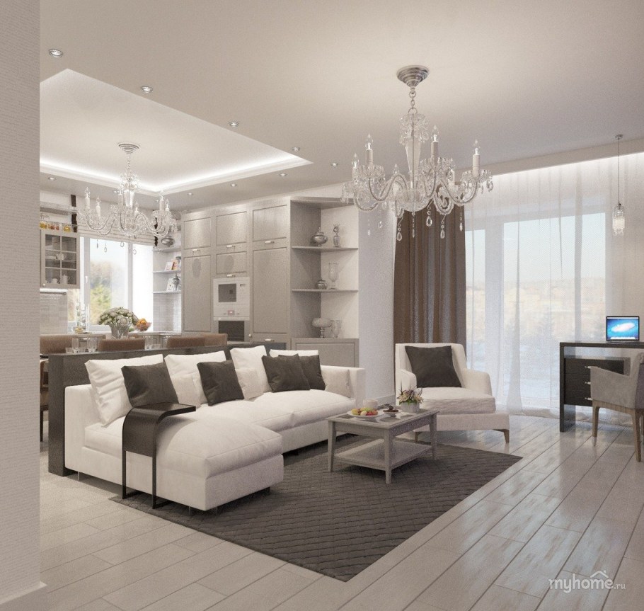 Кухня гостиная в светлых тонах