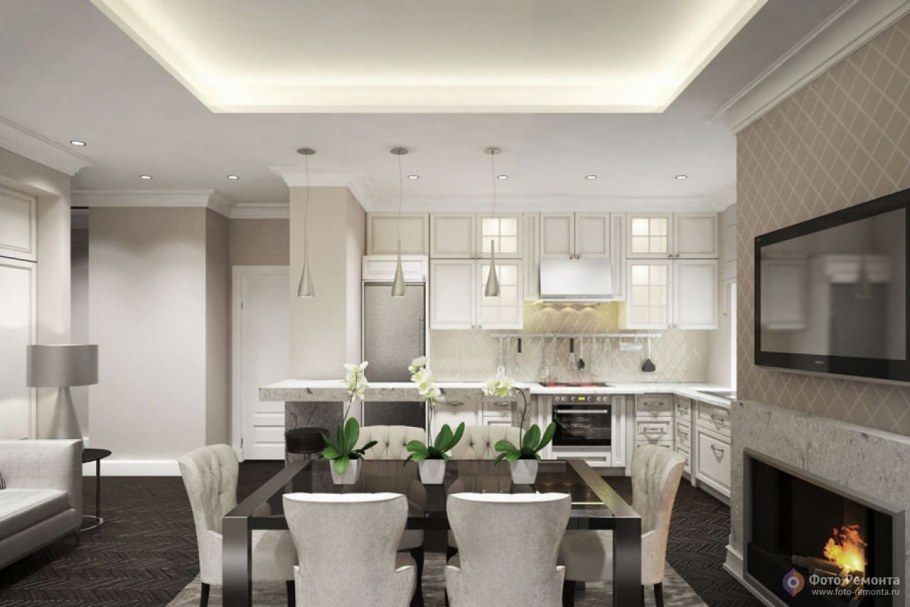 Кухня гостиная 18 кв в светлых тонах