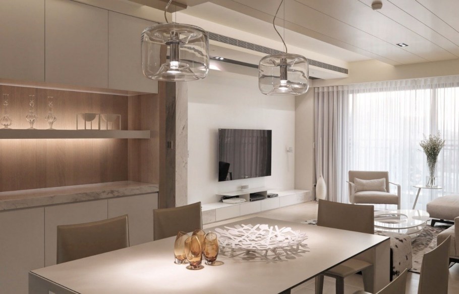 Бело серая кухня гостиная