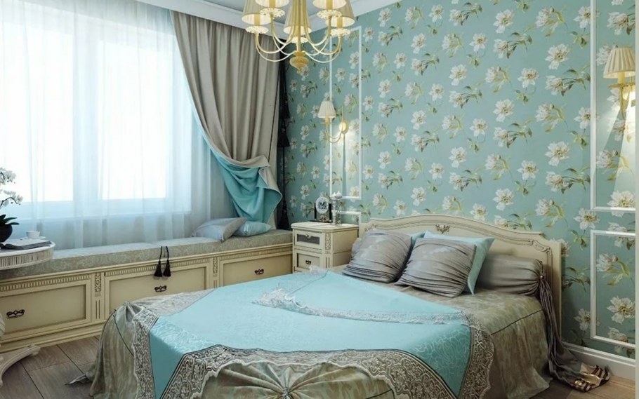 Бирюза в интерьере спальни