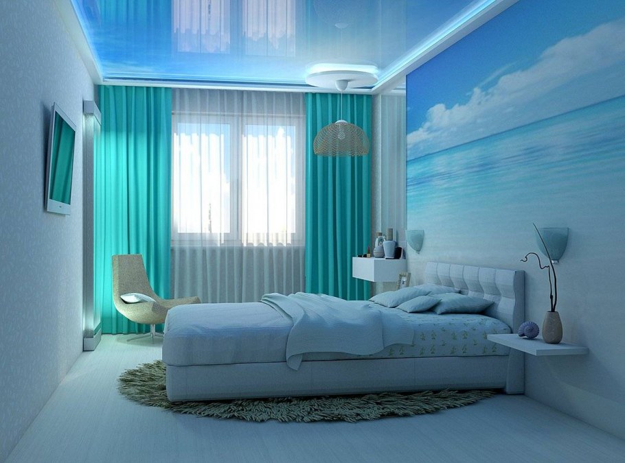 Бирюзовые шторы в интерьере