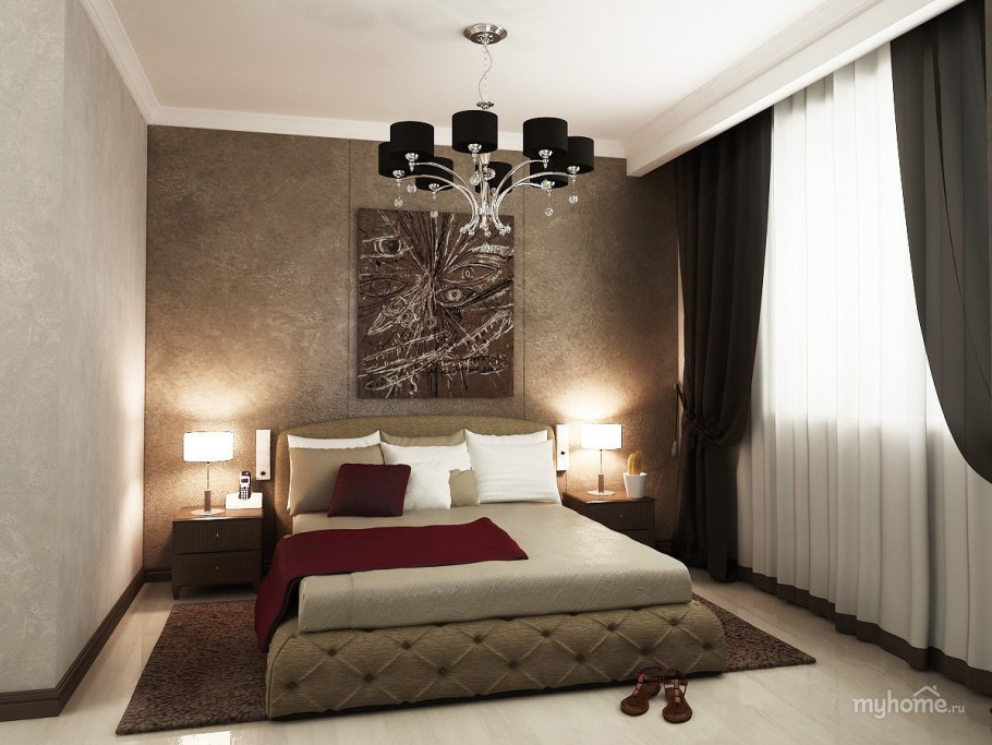 Спальня в светлых тонах с темной мебелью