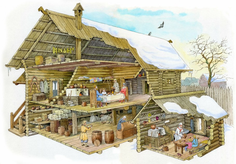 Русская изба в деревне внутри