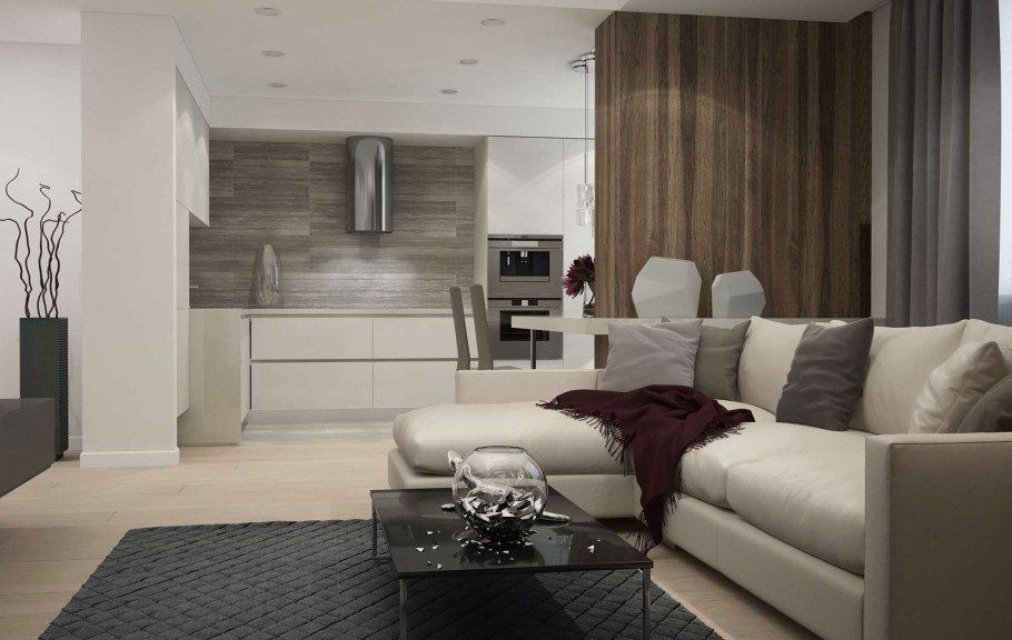 Кухня-гостиная в серо-бежевых тонах