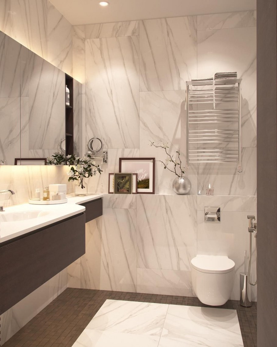 Светлая ванная комната под мрамор