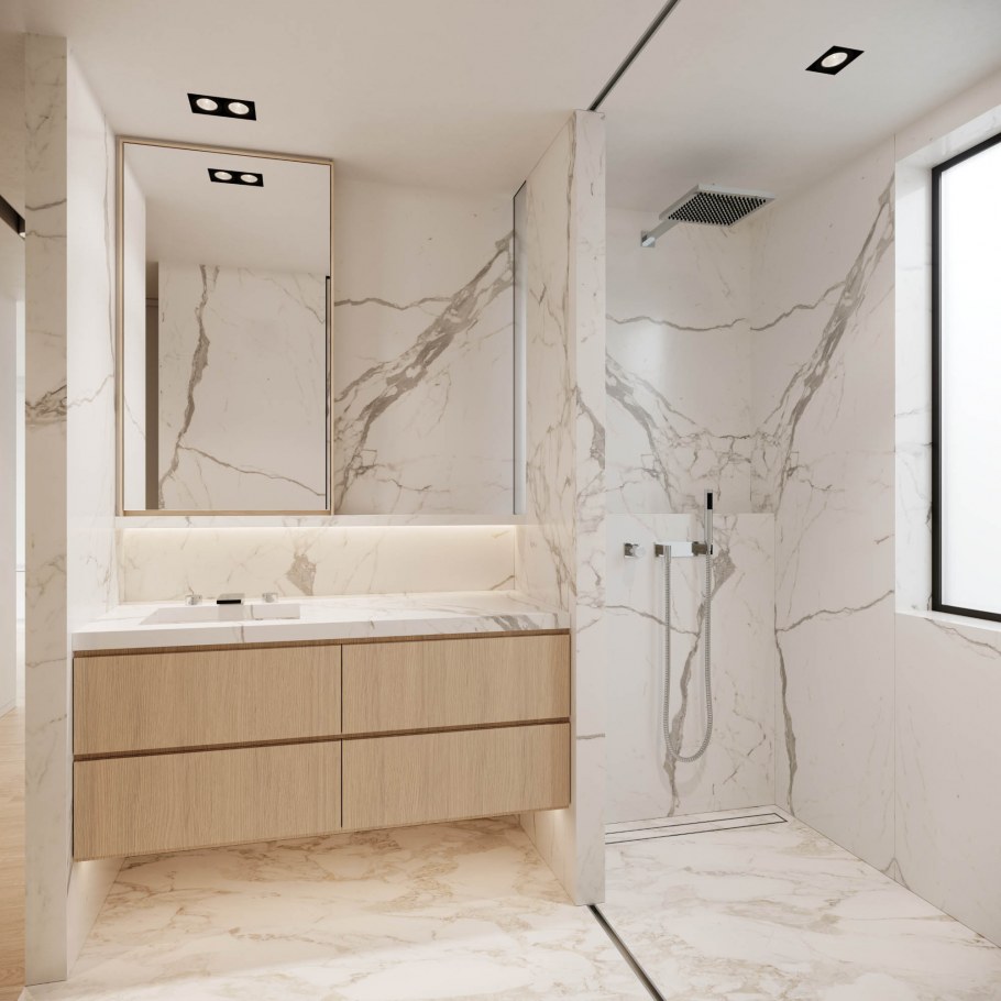 Ванная комната под мрамор с полками