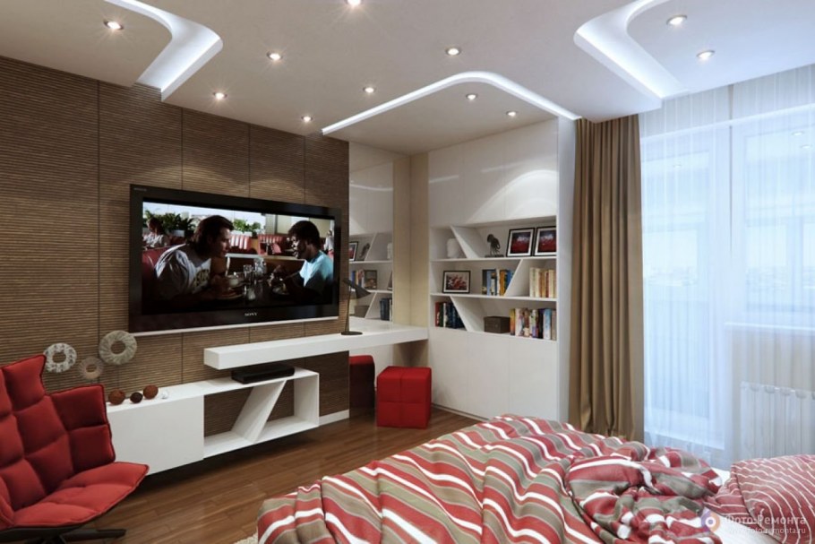 Оформление ТВ зоны в спальне