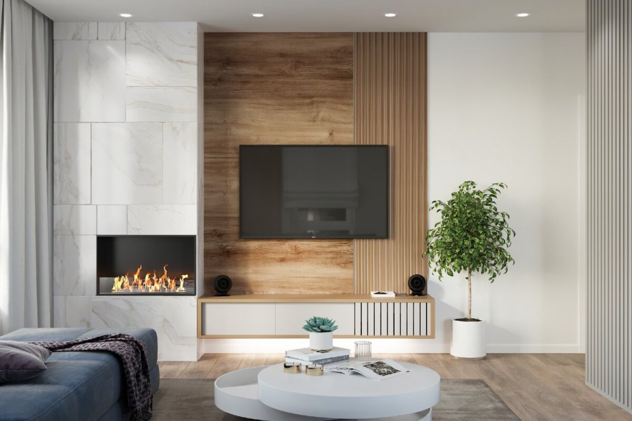 Гостиная с камином и телевизором Минимализм