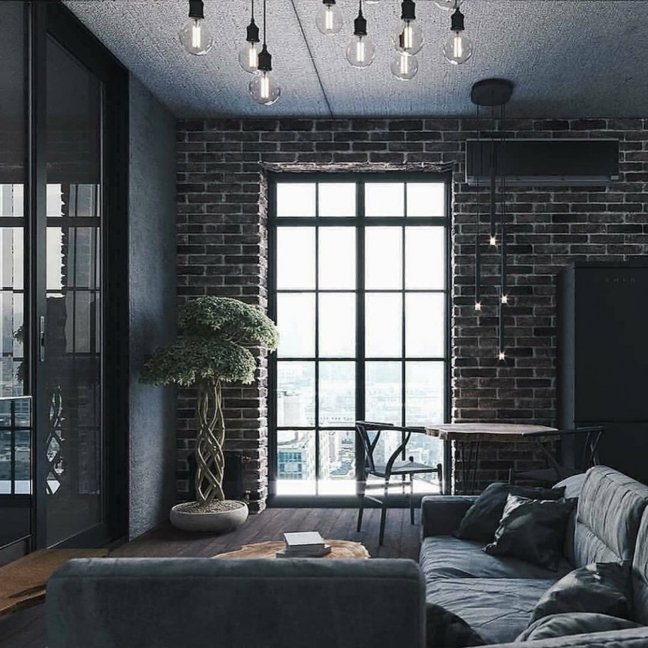 Темный кирпич в спальне
