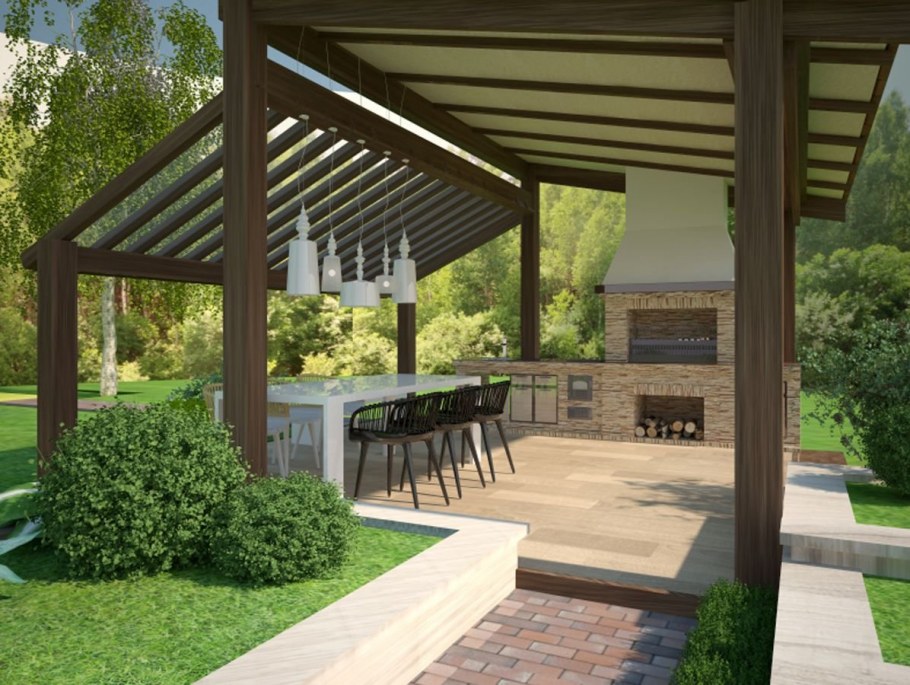 Летняя кухня с перголой и мангалом