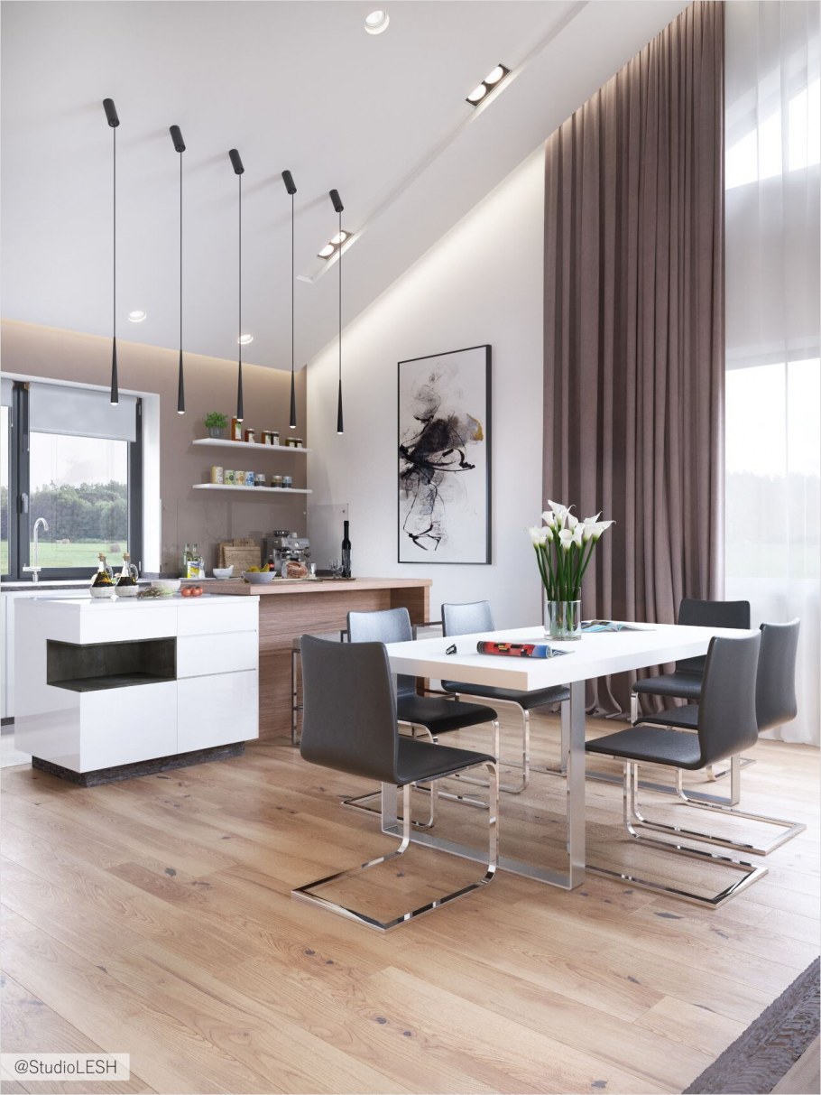 Гостиная в современном стиле в доме с кухней