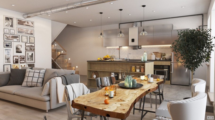 Кухня с гостиной в стиле лофт