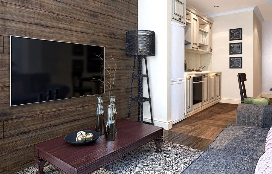 Отделка стены ламинатом в гостиной под телевизор