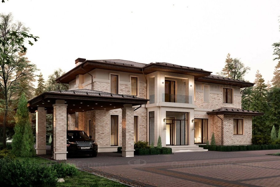 Одноэтажный дом в стиле Райта 200-250 кв