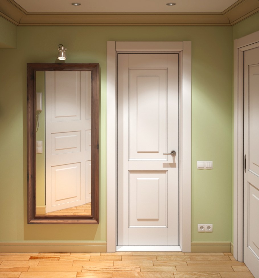 Зеленые двери в интерьере деревянного дома