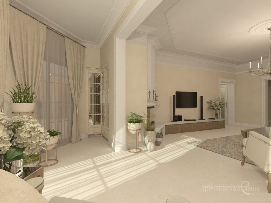 Гостиная в загородном доме в светлых тонах