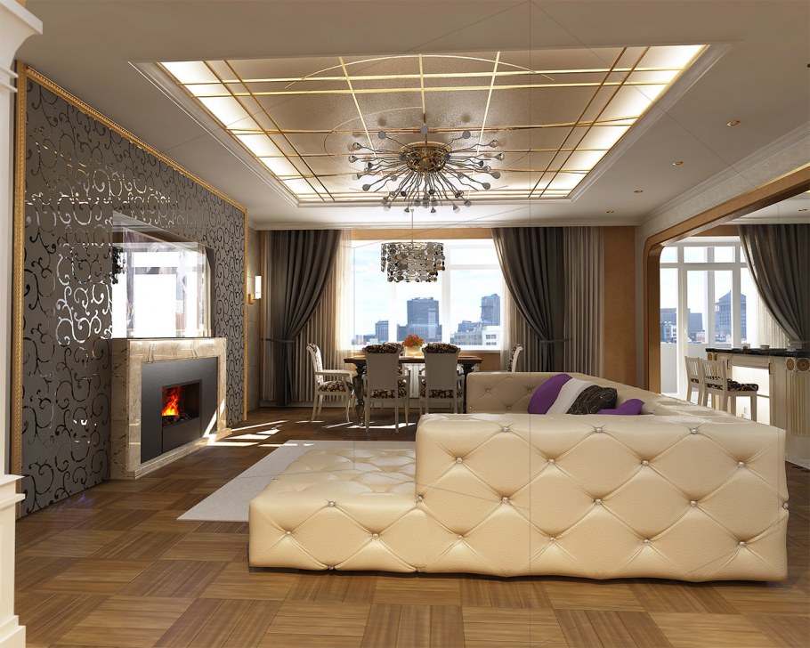 Кухня гостиная с лестницей