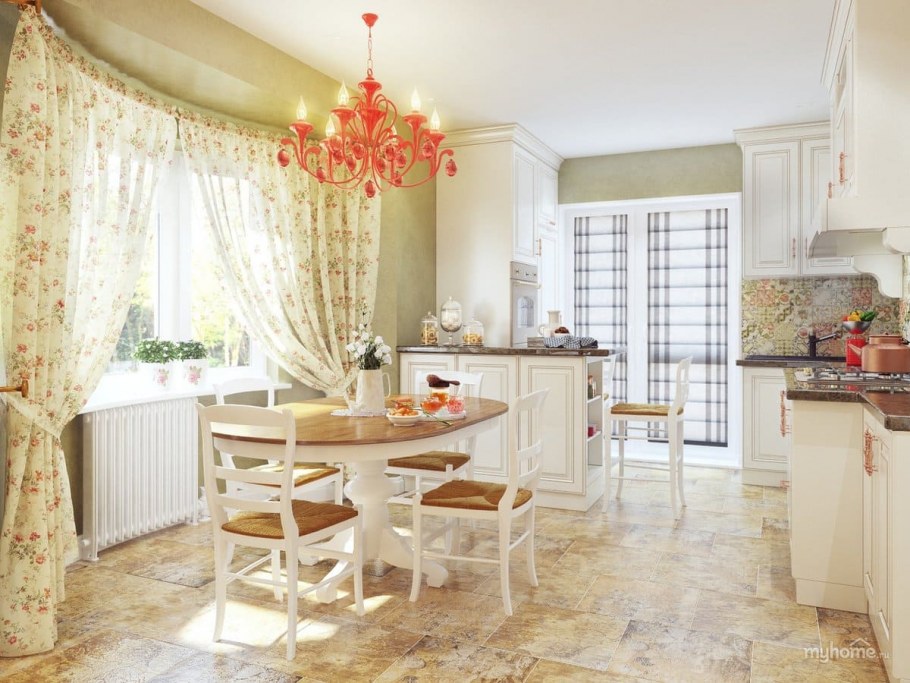 Шторы на кухню со скатертью в интерьере