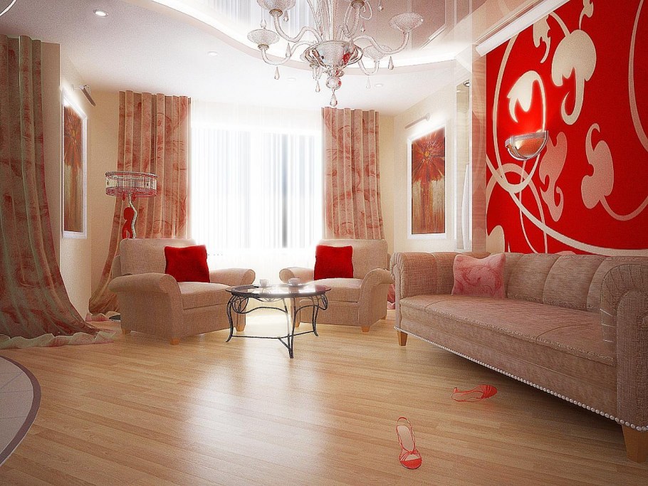 Гостиная с красными акцентами