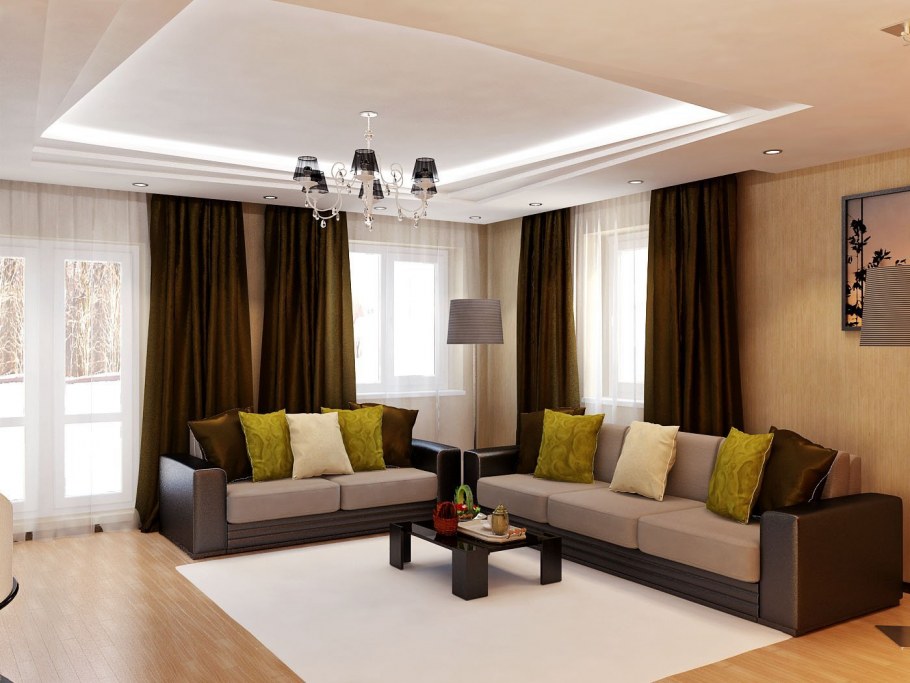 Оливковые шторы в интерьере гостиной