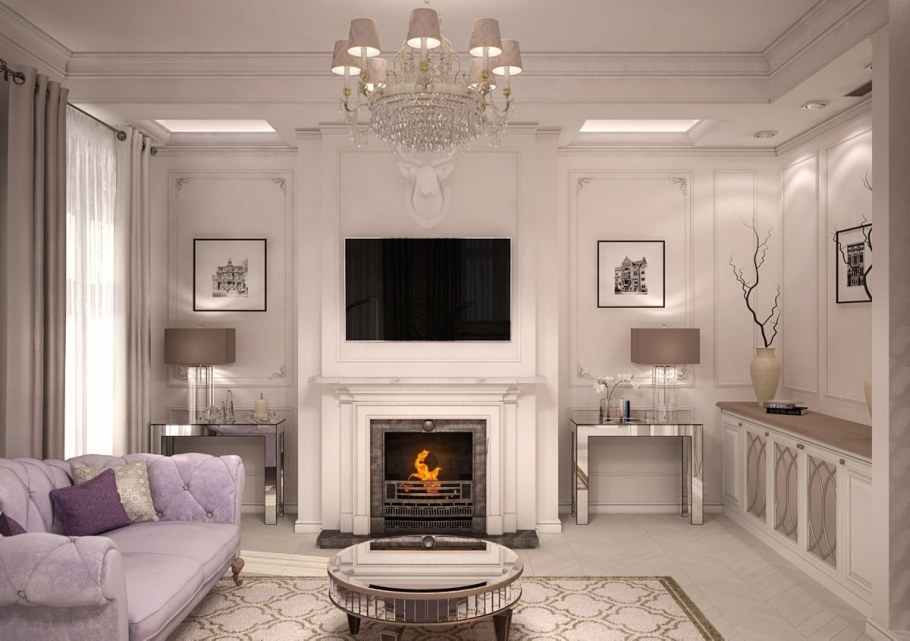 Прямоугольная гостиная с камином