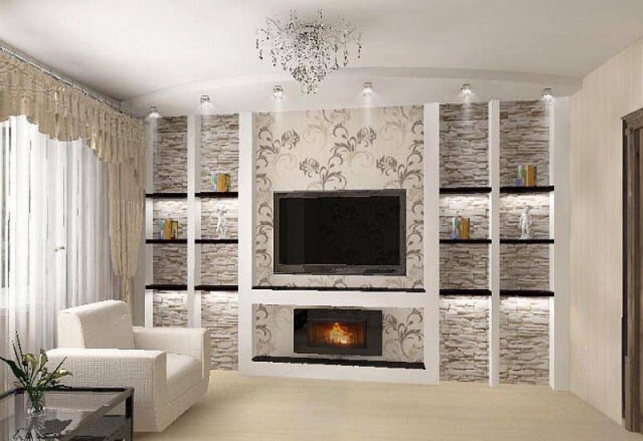 Встроенные полки в гостиной