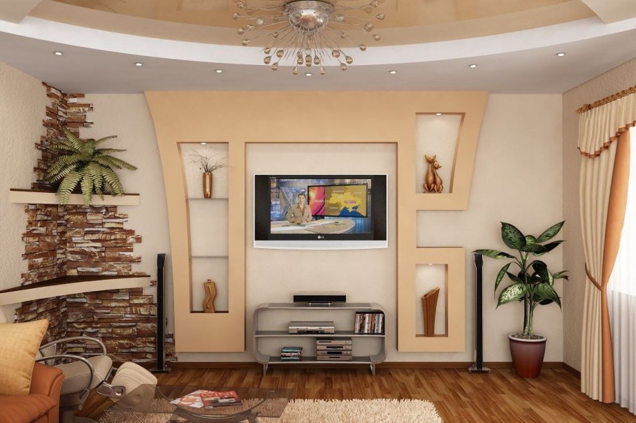 Стена из гипсокартона в гостиной