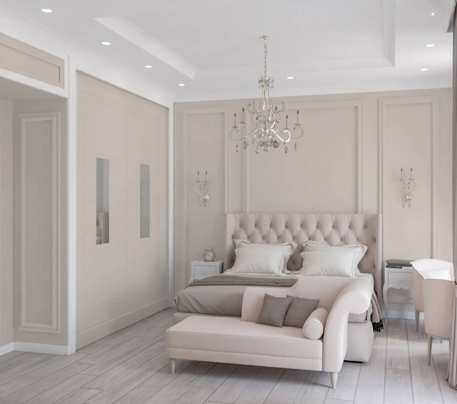 Спальня в классическом стиле в светлых тонах 12м2