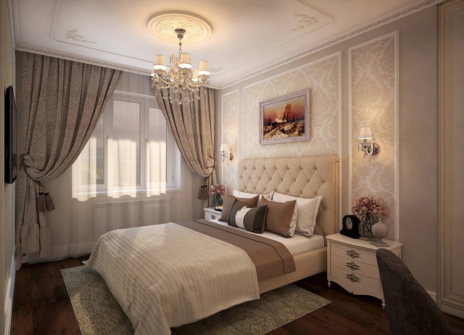 Спальня в классическом стиле в светлых тонах 12м2