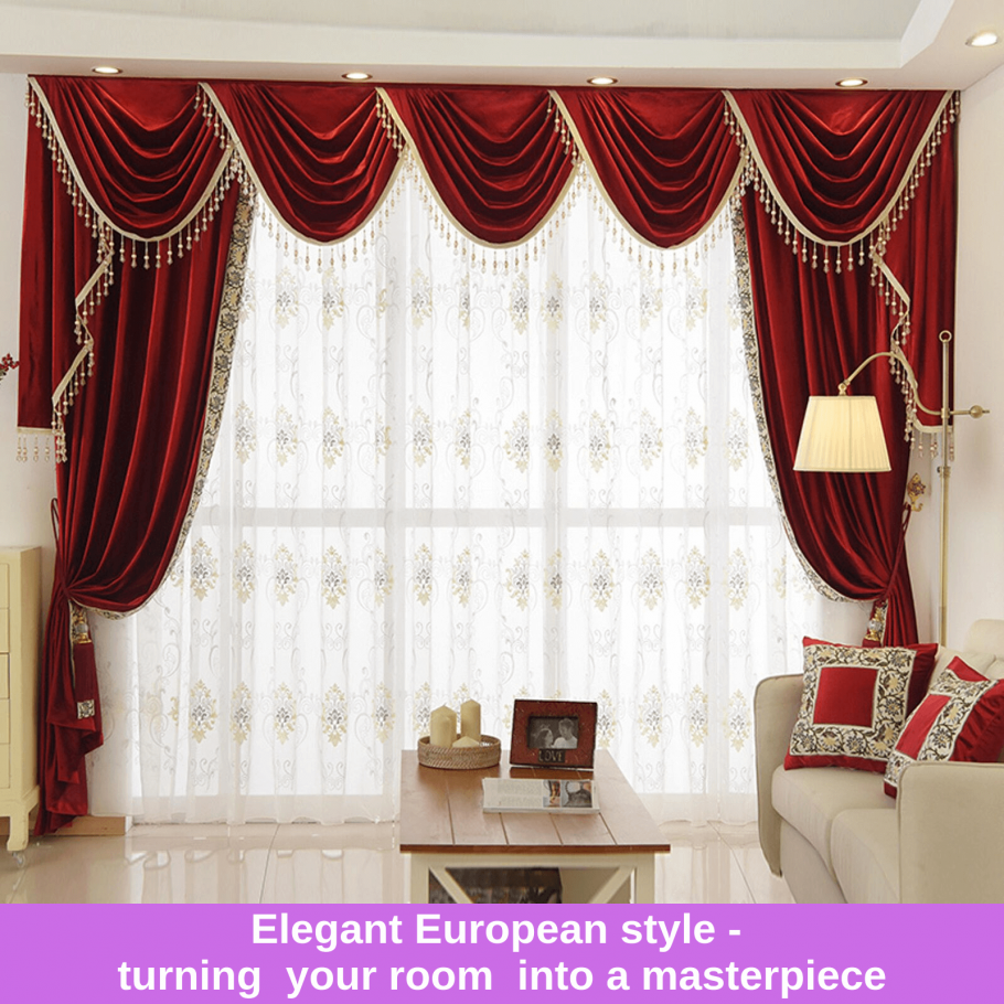 Шторы с ламбрекеном бордовые с золотом