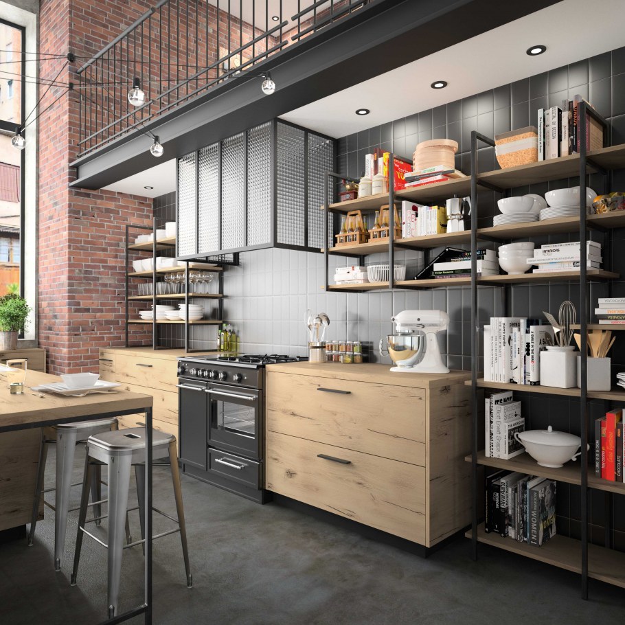 Кухня с открытыми полками в стиле лофт