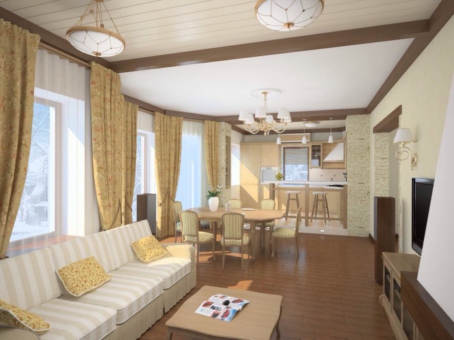 Интерьер кухни совмещенной с гостиной в частном доме