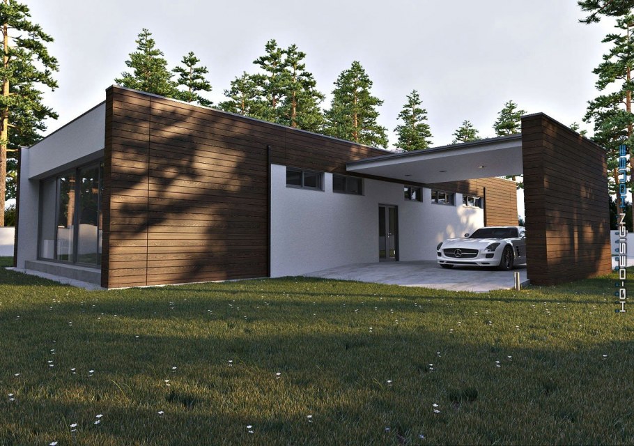 Двухэтажный дом с плоской крышей и панорамными окнами