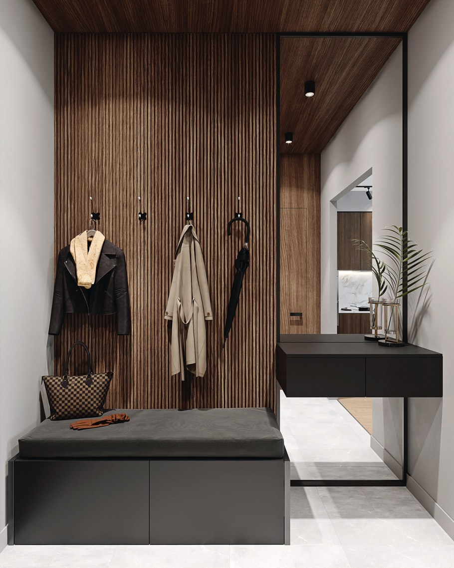 Прихожая с деревянными рейками