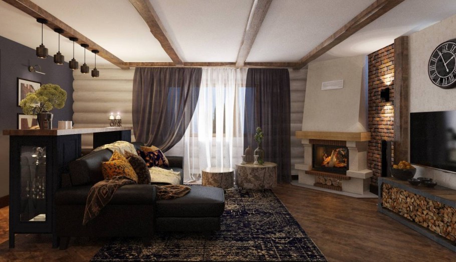 Угловой камин в интерьере гостиной загородного дома