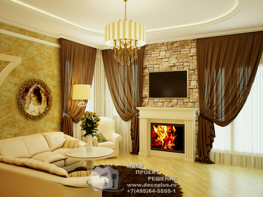 Гардины в интерьере гостиной с камином